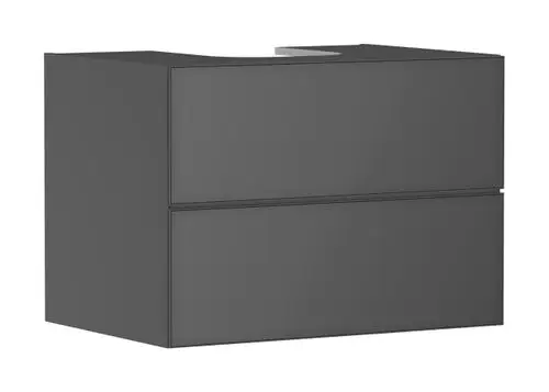Waschtischunterschrank in schiefergrau matt mit zwei Schubkästen, geeignet für einen Aufsatzwaschtisch. Marke: Hansgrohe.